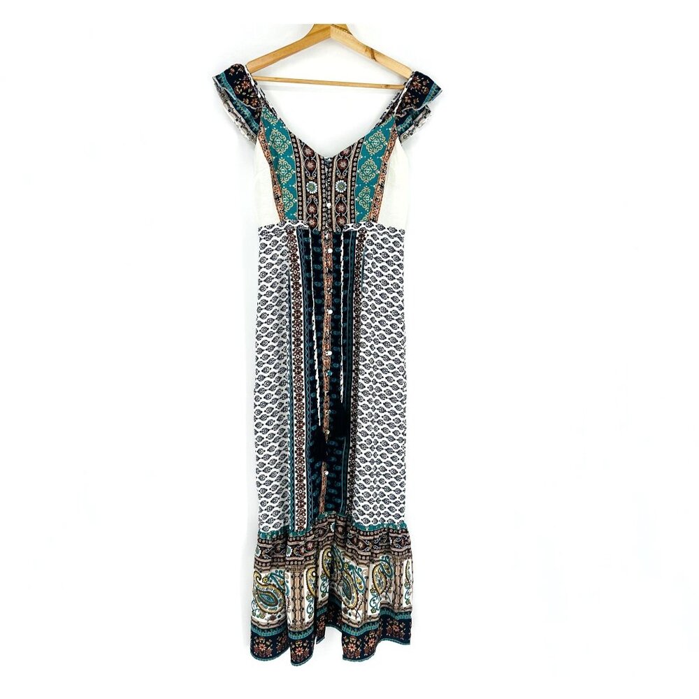American Rag Teal Multi Sleeveless Ruffle Strap Button Down Tassel Maxi Dress S - Picture 1 of 10